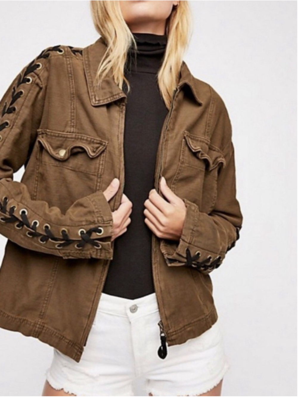 Free People Faye Military Lace Up Sleeve Jacket Brown Sz S EUC - Picture 2 of 13